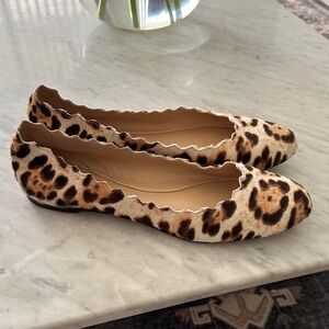 Chloe Calf Hair Brown Leopard Print Scalloped Flats
